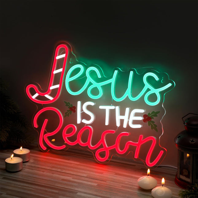 Jesus Is the Reason Neon Sign Christmas LED Sign Lighted Wall Art Decoration Neon Light USB Powered for Ceremony Party Bar Home Birthday Bible Church Decor (Classic)