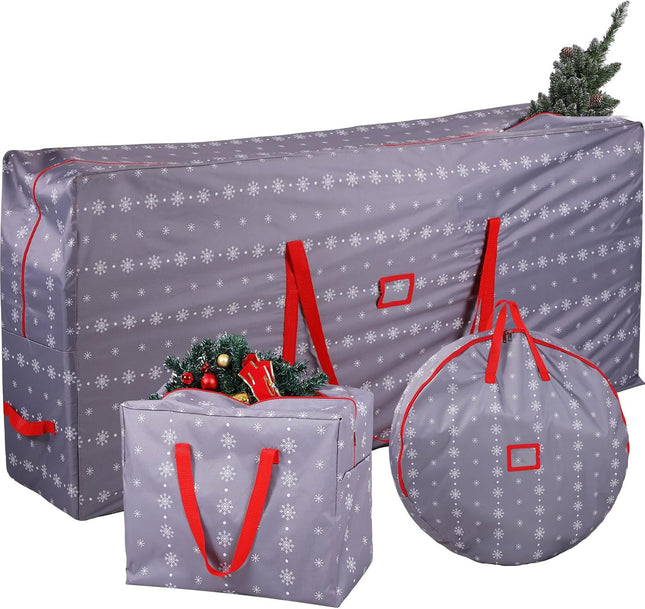 Abbylike 3 Pcs Christmas Tree Storage Bag 65 x 30 x 15'' Set, Christmas Wreath Storage Bag 30'' Grey Snowflake Ornament Storage Container 18'', Xmas Organizer 420d Waterproof Oxford Bags with Handle