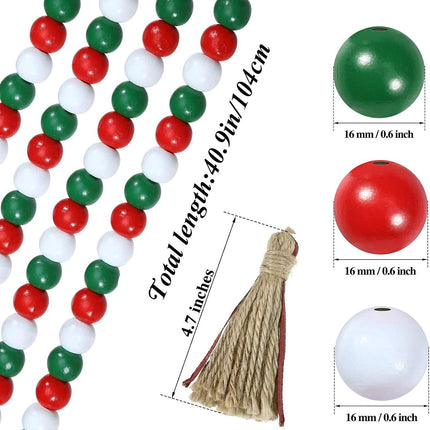 2 Pieces Christmas Wooden Beads Garland 41’’ Farmhouse Garland with Buffalo Plaid Tassel Winter Rustic Tier Tray Decor for Xmas Tree Holiday Ornaments Decor