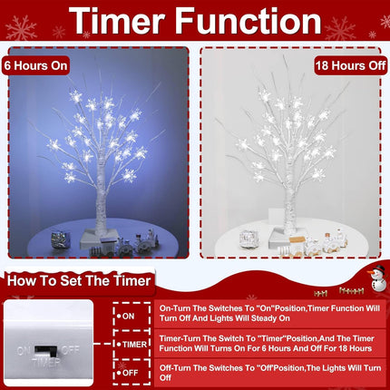 TURNMEON Tabletop Christmas Tree, 2 Pack Lighted Birches Tree Small Christmas Tree, Prelit 48 Snowflake White Lights Timer, Battery Operated Adjustable Branches Xmas Decor Home Indoor Mantel 18 inch