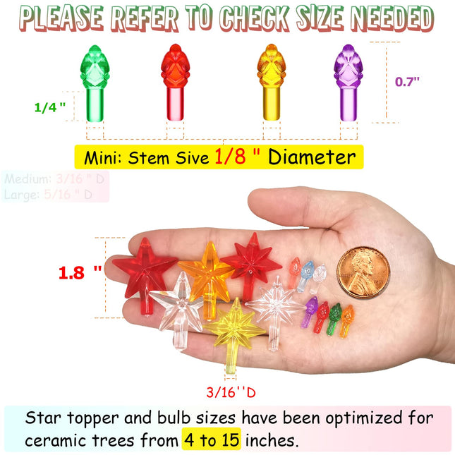 Replacement Lights Bulbs for Ceramic Christmas Tree, 217 PC Mini Twist Light Ornaments for Ceramic Tree, Multicolor Small Flame Pegs Accessories for Crafts, Assorted Colors, 6 Stars Treetops Set
