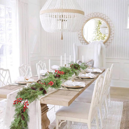 6ft Pine Christmas Garland Decoration, Artificail Pine Leaves Red Berry Garland Christmas with Pine Cones Home Decoration for Winter Holiday Mantel Table Centerpiece (Light Green)