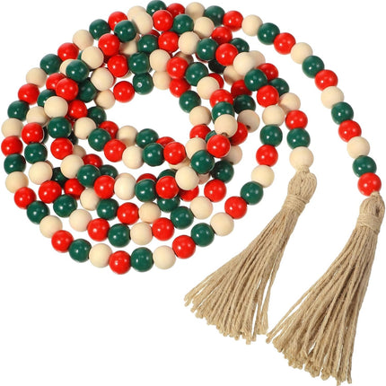 9.8ft Christmas Wood Bead Garland with Tassels, Xmas Wooden Bead Garlands Wooden Classical Green and Red Garland with Jute Rope Rustic Farmhouse Bead Natural Wood Beads Wall Hanging Decoration