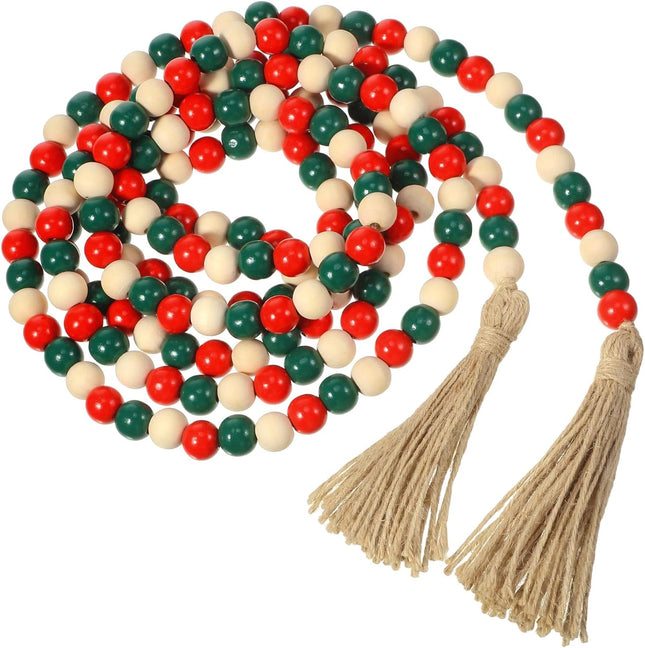 9.8ft Christmas Wood Bead Garland with Tassels, Xmas Wooden Bead Garlands Wooden Classical Green and Red Garland with Jute Rope Rustic Farmhouse Bead Natural Wood Beads Wall Hanging Decoration