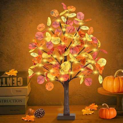FastDeng 2FT Fall Lighted Eucalyptus Tree, 24 Inch Prelit Tabletop Artificial Tree with 36 LED Lights, 108 Leaves, Timing Battery Operated Fall Tree for Indoor Autumn Harvest Thanksgiving Home Decor
