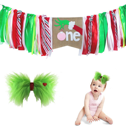 Christmas High Chair Banner, Girl Christmas 1st Birthday Sign Banner, Candy Cane Red, Green,Pink Highchair Garland with Hair Bow for Girls Christmas First Birthday, Photo Booth Props And Cake Smash