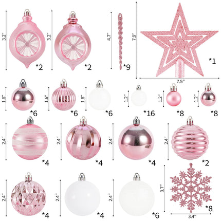 100PCS Christmas Tree Balls Ornaments Set with Christmas Tree Topper, Black Christmas Ornaments Sets for Christmas Tree, Shatterproof Hanging Christmas Tree Decorations (Pink+White)
