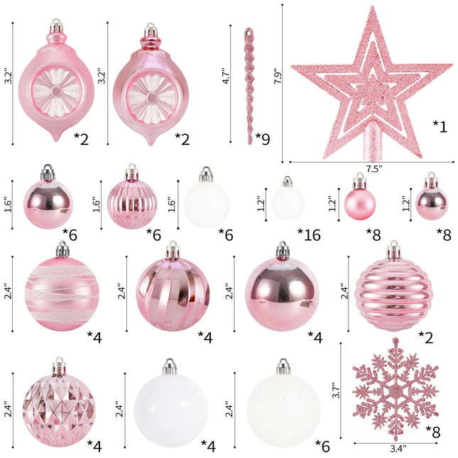 100PCS Christmas Tree Balls Ornaments Set with Christmas Tree Topper, Black Christmas Ornaments Sets for Christmas Tree, Shatterproof Hanging Christmas Tree Decorations (Pink+White)