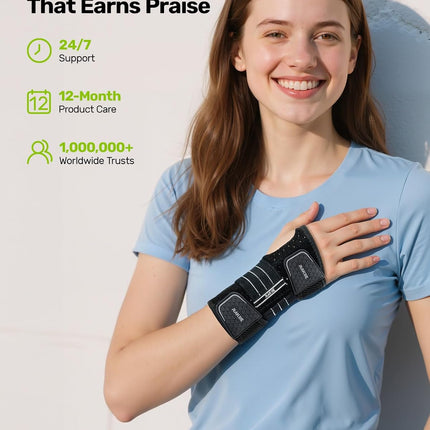 Rakiie Carpal Tunnel Wrist Brace, Ergonomic Night Support Brace with 3 Metal Splints for Arthritis & Tendonitis Relief, Breathable Hand Splint Stabilizer for Men Women (Right Hand, Gray, Medium)