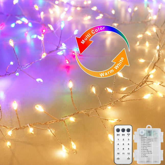 Dual Color Changing Cluster Fairy Lights Battery Operated, 10Ft 200 LED Fairy Lights with Remote Control Timer Waterproof Firecracker String Lights for Indoor Outdoor Xmas Tree Bedroom Decor