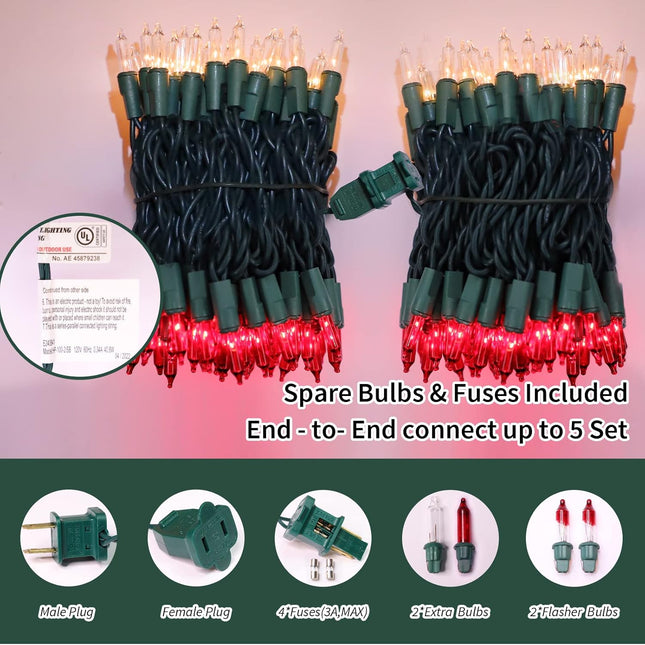 Super-Bright Extendable Red Christmas Lights Decoration 100Lights 19.6ft UL Mini Bulb String Lights for Outdoor Christmas Tree Garden Party Patio Wedding Garland Decor(Red+Clear)