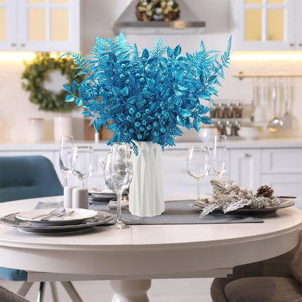 40 Pcs Christmas Glitter Artificial Picks Set Christmas Leaf Sprays Cedar Picks Glitter Berries Stems Tropical Leaf Pine Needles Christmas Stems Branches for Christmas Tree Vase Home(Blue)