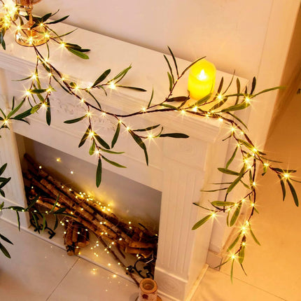 Vanthylit Lighted Artificial Olive Garland, 6FT LED Faux Greenery Vine Garland Lights Battery Operated with Timer for for Mantel Fireplace Wedding Christmas Holiday Home Decor