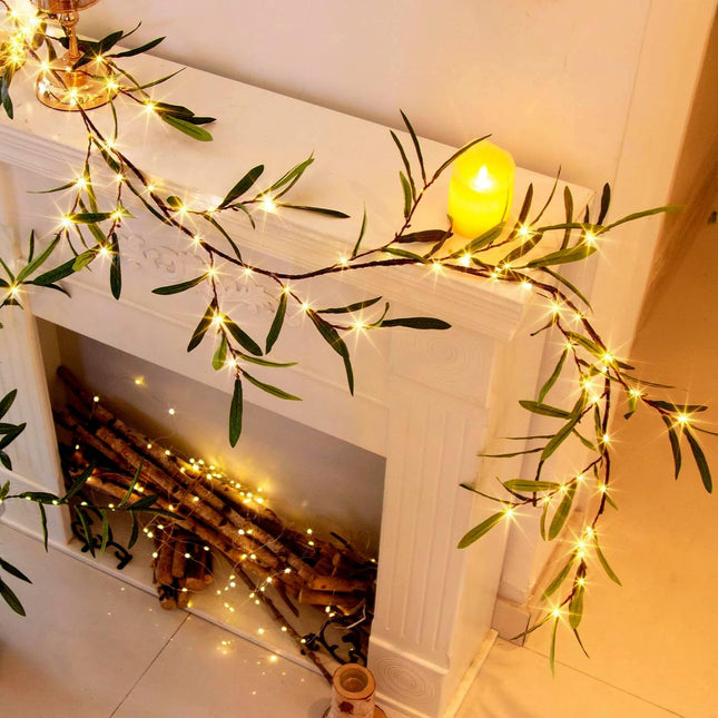 Vanthylit Lighted Artificial Olive Garland, 6FT LED Faux Greenery Vine Garland Lights Battery Operated with Timer for for Mantel Fireplace Wedding Christmas Holiday Home Decor