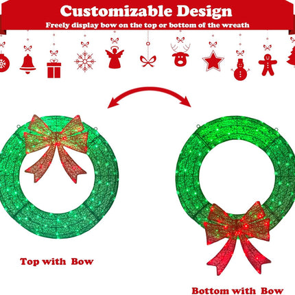 Lighted Christmas Wreath Outdoor Decorations, 24in Small Christmas Wreath 110 Lights with 8 Flashing Effects, Prelit Wreath Plug-in and Battery Operated with Timer for Door, Window, Garage-Green