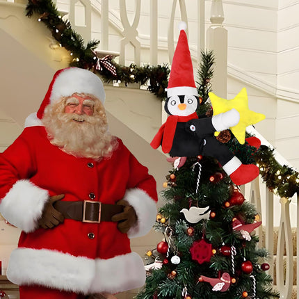 Christmas Tree Toppe Penguin Decorations with Lights，Christmas Penguin Embrace Tree Toppe with Lighted Star,Christmas Home Decor Curtain Tie Wine Bottle Decoration