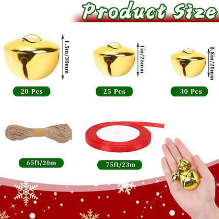 MARFOREVER Christmas Jingle Bells Garland DIY, 75 Pcs 1.5/1/0.8 inch Gold Christmas Craft Bells with Ribbon and Rope Hanging Sleigh Bells for Xmas Tree Ornament Winter Holiday Party Home Decorations