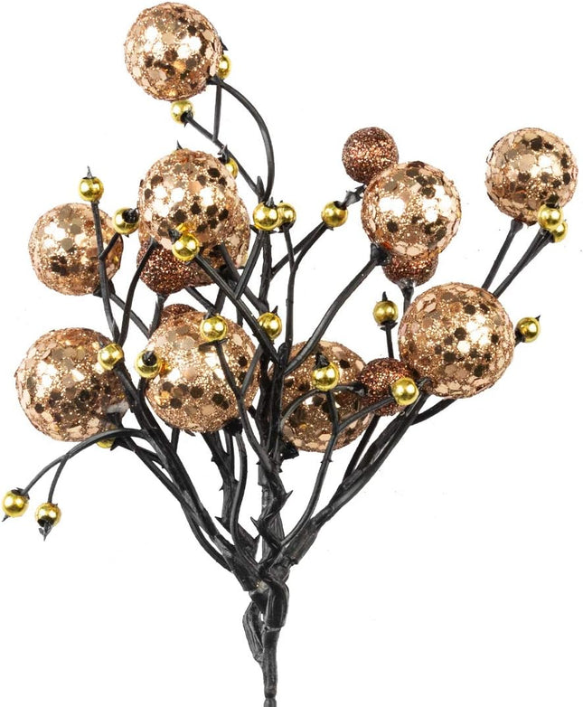 KI Store Champagne Christmas Berry Pick Stem Pack of 9 Artificial Glittered Berries Ornaments Floral Stems for Xmas Tree Wreath Garland Decoration