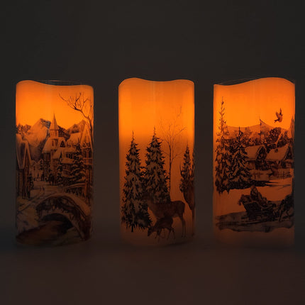 Christmas Flameless Candles Real Wax LED Candles Decor Battery Operated with Timer and Green Christmas Tree Decal,Set of 3,Warm Light
