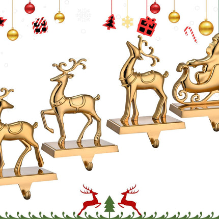 Antique Gold Reindeer & Sleigh Stocking Holder Set for Mantle Set of 4,Deer Stocking Hangers for Firepiece,Christmas Decorations Mantel Hanger for Stocking/Garland (Retro Gold)
