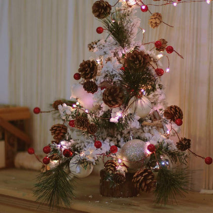 Christmas Pinecone Garlands with Lights, Vocal Metal Jingle Bell, Xmas Red Berry and Pine Leaf, Holiday Garland 10ft 30LEDs Battery Operated String Lights with Timer Flicker Options Remote Control