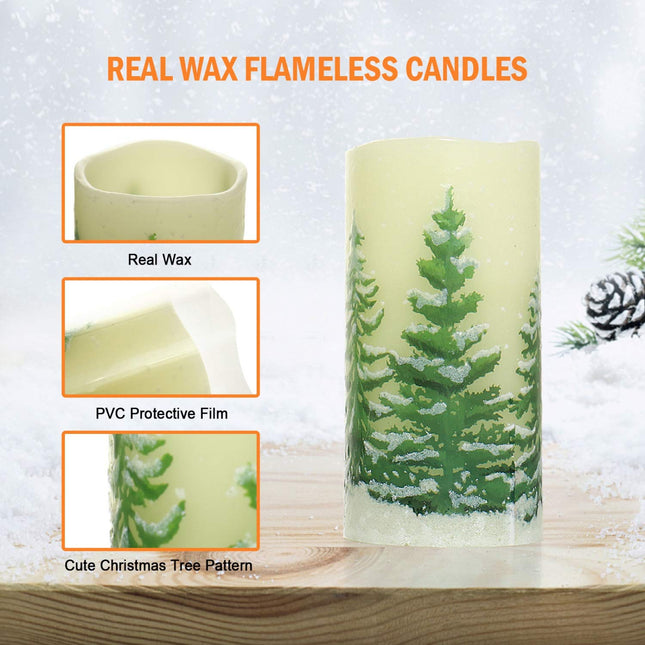 Rocinha Christmas Flameless Candles with Timer Battery Operated Flickering Candles Set of 3 Real Wax Christmas Pillar Candles with Christmas Tree Printing