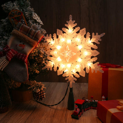 Brizled Christmas Snowflake Tree Topper, 9.25in Lighted Christmas Treetop with 20 Warm White Lights, 120V UL Plug in Christmas Tree Top Star for Xmas Tree Indoor Party Home Office Decoration