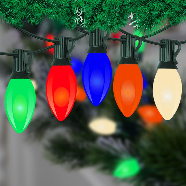 Vintage C9 LED Christmas Lights Outdoor Multicolor, 25 Feet C9 Christmas Decorations String Lights with 26 Ceramic Colorful LED Bulb for Christmas Tree Roofline Holiday Party Garden Pathway Xmas