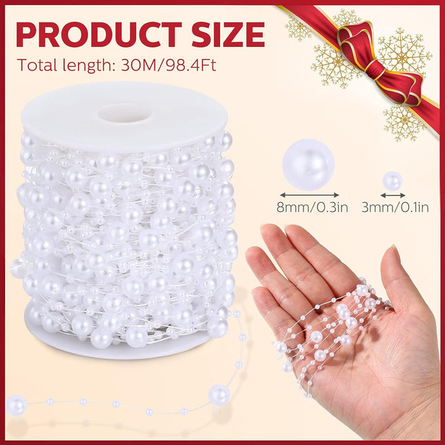 98 Feet Christmas Tree Beads Garland Decoration 2 Sizes Pearl Strands Chain Resin Pearls Beads Chains with ABS Plastic Line Christmas Tree Decorations for Home Mantle Fireplace Holiday Decor (White)