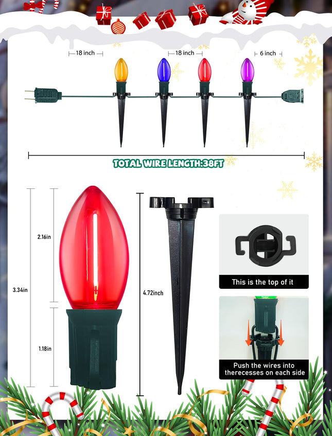 Multicolor Christmas Pathway Lights Outdoor, 38 Feet C9 Christmas Lights with 25 Multicolor LED Bulbs and Stakes, Waterproof Connectable Pathway Lights for Driveway Yard Outdoor Christmas Decorations