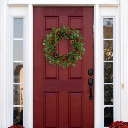 Artifical Christmas Door Wreath 22 Inches Christmas Wreaths for Front Door Rustic Winter Wreath with Evergreen Pine Needle Pinecone Red Berries for Wall Porch Window Holiday Indoor Outdoor