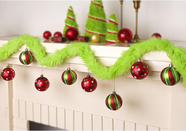 Grinchmas Christmas Garland Decorations Indoor Outdoor: Cute Colorful Plush Strips with Elf Balls Christmas Garland Decor, Green Fluffy String Ornaments Xmas Banner for Home Wall Mantel Fireplace Tree