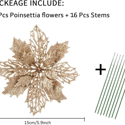 Wironlst 16 Pcs Glitter Poinsettia Flowers Artificial - Christmas Champagne Poinsettia Decorations Tree Flowers Ornaments for Xmas/Holiday/Seasonal/Wedding Decor