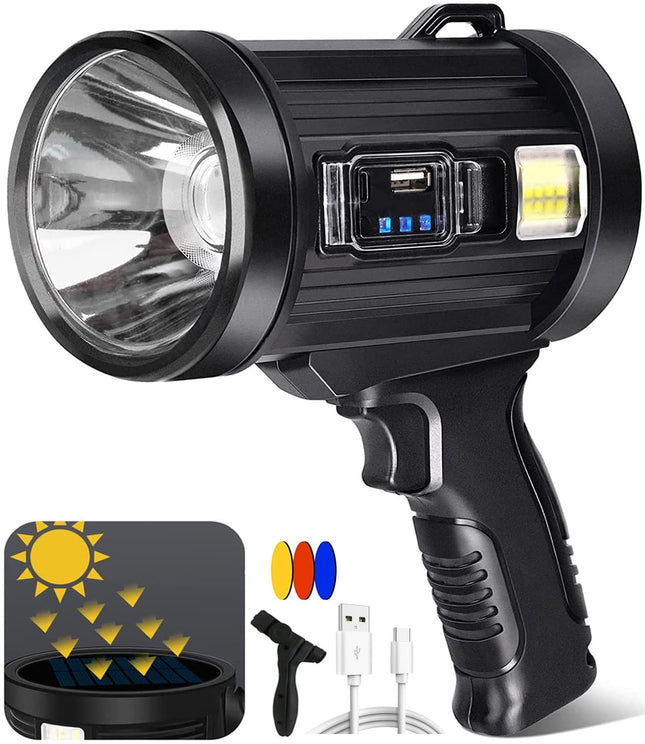 JSKNB 90000 Lumens Spotlight, Rechargeable Spotlight Flashlight with Tripod, 6 Modes and 3 Colors Filter, Super Bright Led Spot Lights Outdoor Handheld, Solar Searchlight for Hunting, Marine, Camping