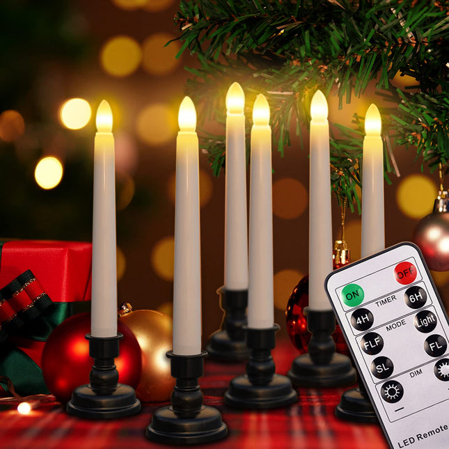 SoulBay 6pcs Christmas Decorations Window Candles 7.9inch Battery Operated Flameless Flicker LED Taper Candle Lights with Remote Timer Black Holders Stand for Home Party Indoor Windowsill Décor