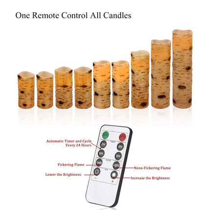 Vinkor Flameless Candles Battery Operated Candles Birch Effect 4" 5" 6" 7" 8" 9" Set of 9 Real Wax Pillar LED Candles with 10-Key Remote Control 2/4/6/8 Hours Timer