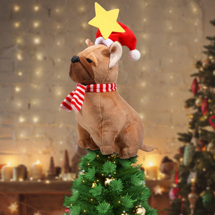 Shappy Dog Christmas Tree Topper Plush Dog Christmas Decoration with Santa Hat and Star Stuffed Christmas Tree Decor Dog Christmas Tree Ornaments for Home Winter Holiday Xmas Party Decorations