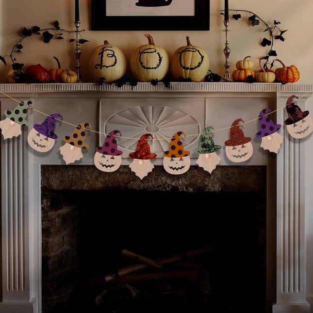 5.7 FT Halloween Garland Decorations Indoor, Spooky Jack O Vintage Gnomes Pumpkin with Witch Hat, Handmade Wooden Banner Garlands Gothic Outdoor Decor for Mantle Shelf Wall Window Home Office School
