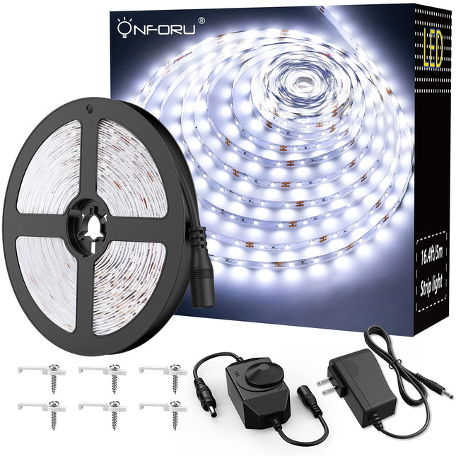 Onforu LED Light Strip,16.4ft Dimmable LED Tape Light, 6000K Daylight White Strip Lighting, 300 LEDs Flexible Vanity Mirror Light, 5M 12V Ribbon Rope Light for Bedroom, Under Cabinet,Kitchen