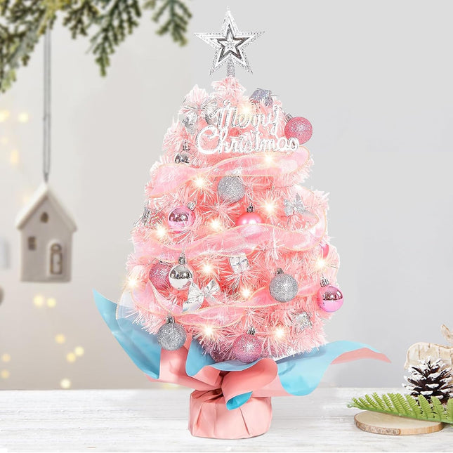 Small Mini Pink Christmas Tree with Light, 24 Inch/2Ft Tabletop Miniature Christmas Tree with Hanging Ornaments, Battery Operated Artificial Xmas Tree for Desk Christmas Home Party Decor