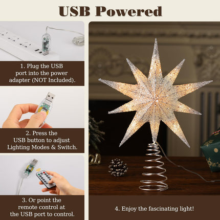 Lewondr Christmas Tree Topper Star, 13inch Xmas Tree Topper with LED Light Beads, Remote & USB Operated 10-Point Star Treetop for Home Christmas Tree Decoration, 6H Timer & 8 Lighting Modes, Silver