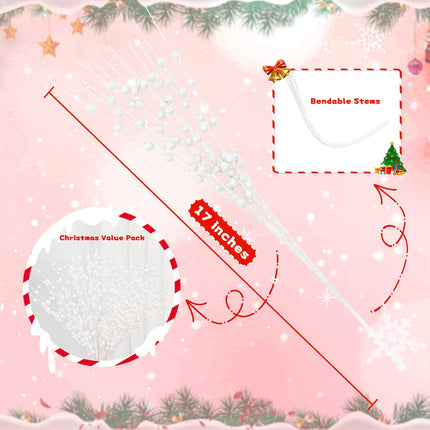 BLEUM CADE 6 Pack White Christmas Tree Decorations, 16" Glitter Berry Stems Ornaments, Christmas Picks Sticks for Christmas Tree Topper Filler Vase DIY Home Decor