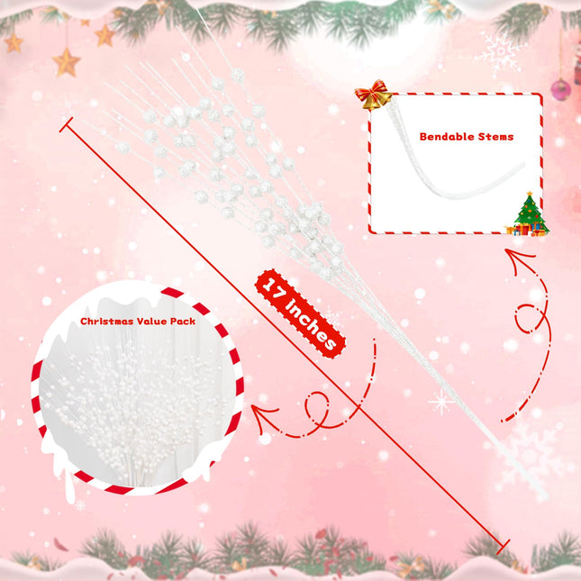 BLEUM CADE 6 Pack White Christmas Tree Decorations, 16" Glitter Berry Stems Ornaments, Christmas Picks Sticks for Christmas Tree Topper Filler Vase DIY Home Decor