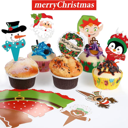 96 Pieces Christmas Party Decorations Christmas Cupcake Topper Wrappers Santa Claus Snowman Reindeer Elf Penguin Christmas Tree Christmas Wreath Gingerbread Hand Cake Party Decorations Supplies