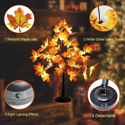 Mycznsyard Maple Tree Light for Fall Thanksgiving Decor 24 LED Lighted Maple Tree with Leaves 2Ft Maple Light up Tree 8 Lighting Mode USB & Battery Operated Home Decoration Holiday Party Ideas