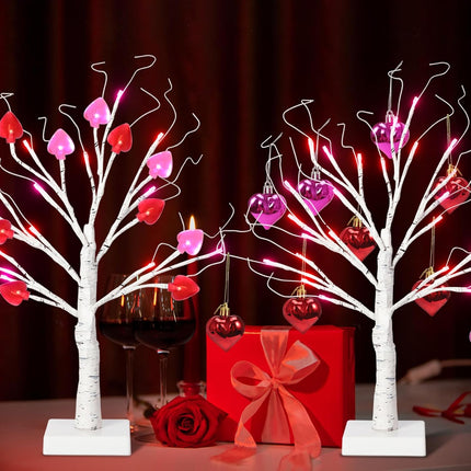 2 PCS 24 Inches Valentines Day Lighted Tabletop Lighted Birch Trees with 18pcs Heart-Shaped Ornaments,Pre-Lit Artificial Tree with Red Pink LEDs Lights for Valentine's Day Party Decor