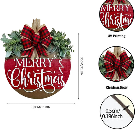 Merry Christmas Hanging Sign for Front Door, Wooden Welcome Wreath with Bow for Holiday Rustic Farmhouse Outdoor Wall Window Decor (Merry Christmas Wreath)