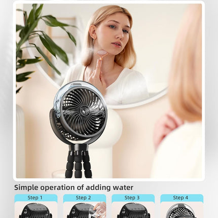 Misting Stroller Fan, 6000Mah Battery Operated Portable Fan With Light 360° Pivoting, Personal Fan With Flexible Tripod For Baby
