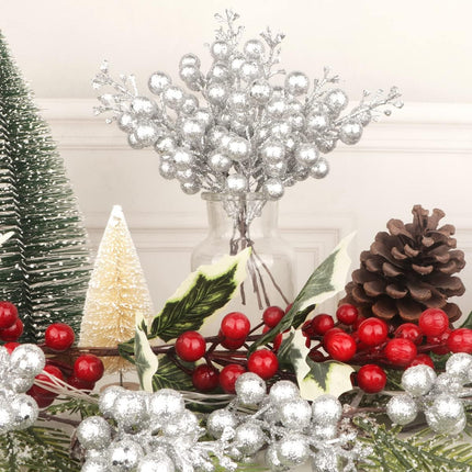 Fangoo 24 Pack Glitter Silver Stems,Artificial Glitter Silver Berry Picks Holly Red Berries Branches Christmas Berry Stem Picks for Christmas Tree Wedding Holiday Season Winter Home Decoration(19 CM)