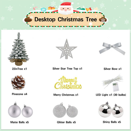 Tabletop Christmas Tree with Lights 22 Inch Mini Artificial Frosted Christmas Tree Small White Christmas Tree Ornaments for Xmas Decor